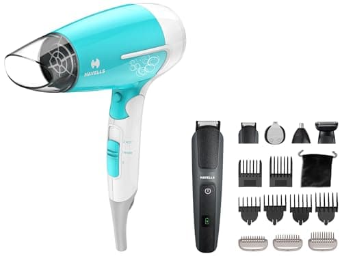 Havells HD3151 1200 Watts Foldable Hair Dryer; 3 Heat (Hot/Cool/Warm) Settings including Cool Shot button & Havells Super Grooming Kit GS8714, 15 IN 1, IPX7 fully washable,120 min run time,Fast charge