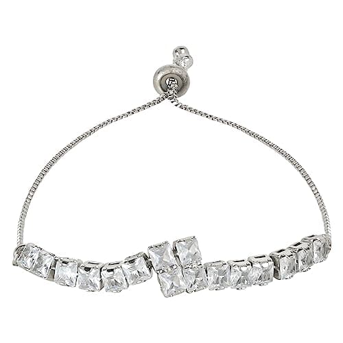 I Jewels Stylish Silver Plated Cubic Zirconia American Diamond Adjustable Bracelet For Women